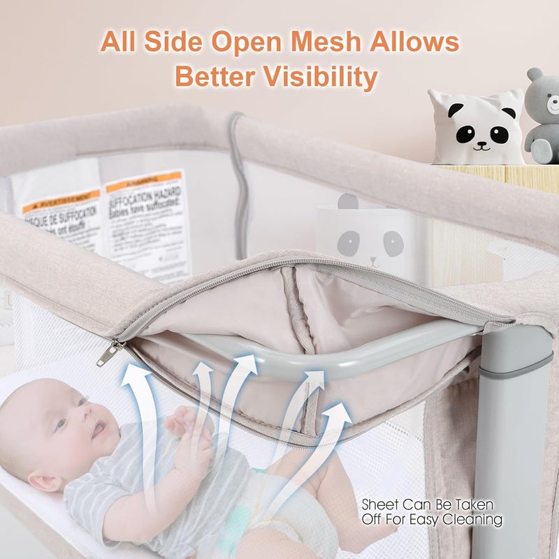 INFANS 3 in 1 Baby Bassinet, Bedside Sleeper for Newborn, Folding Crib with Mattress, Travel Bag, Wheels, 4-Sided Mesh, Easy to Assemble Cradle Co Sleeper Stationary, Rock (Beige) - Image 4